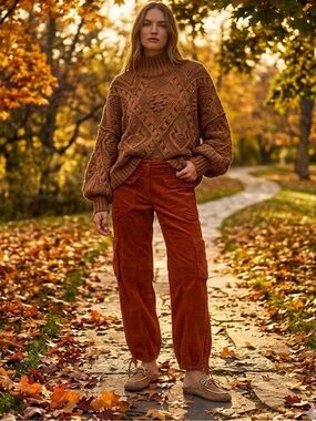 H&M Rust Utility Wide Leg Cords With Adjustable Ankle Ties